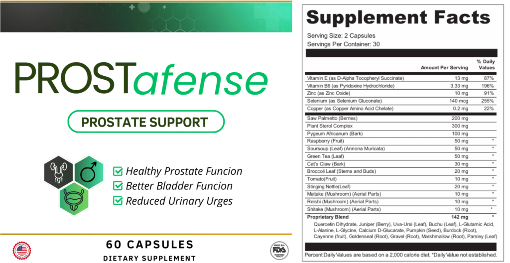 Comprehensive Supplement Facts label for PROSTafense, detailing vitamins, minerals, and a proprietary herbal blend for prostate health support.