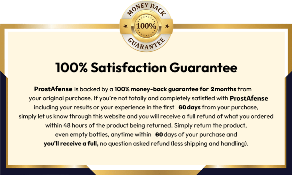 PROSTafense 100% satisfaction guarantee badge, offering a full money-back refund for 60 days to ensure a risk-free purchase.