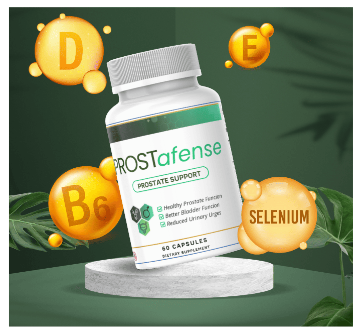 PROSTafense dietary supplement bottle for prostate support, featuring natural herbal ingredients for healthy bladder and urinary function.